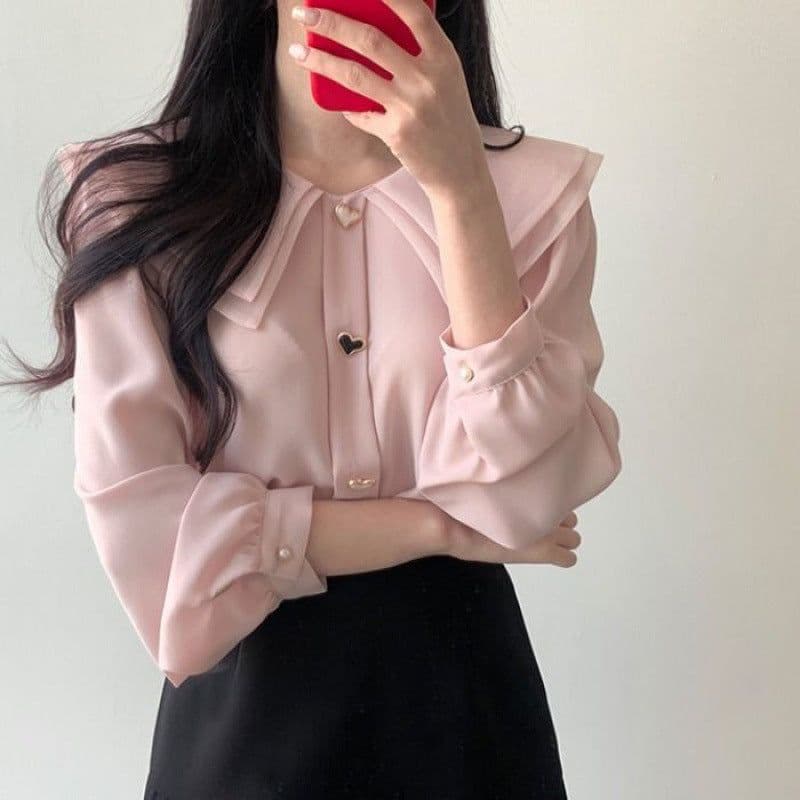 image-Chiffon shirt suit female spring and autumn temperament two-piece design double-layer doll collar top half-length pleated skirt