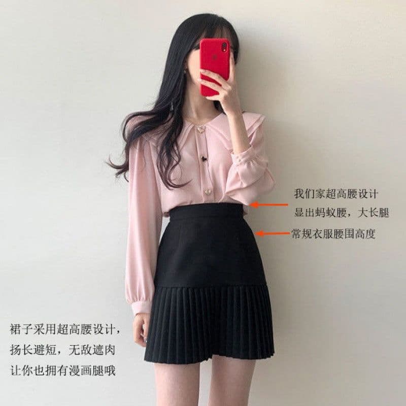 image-Chiffon shirt suit female spring and autumn temperament two-piece design double-layer doll collar top half-length pleated skirt
