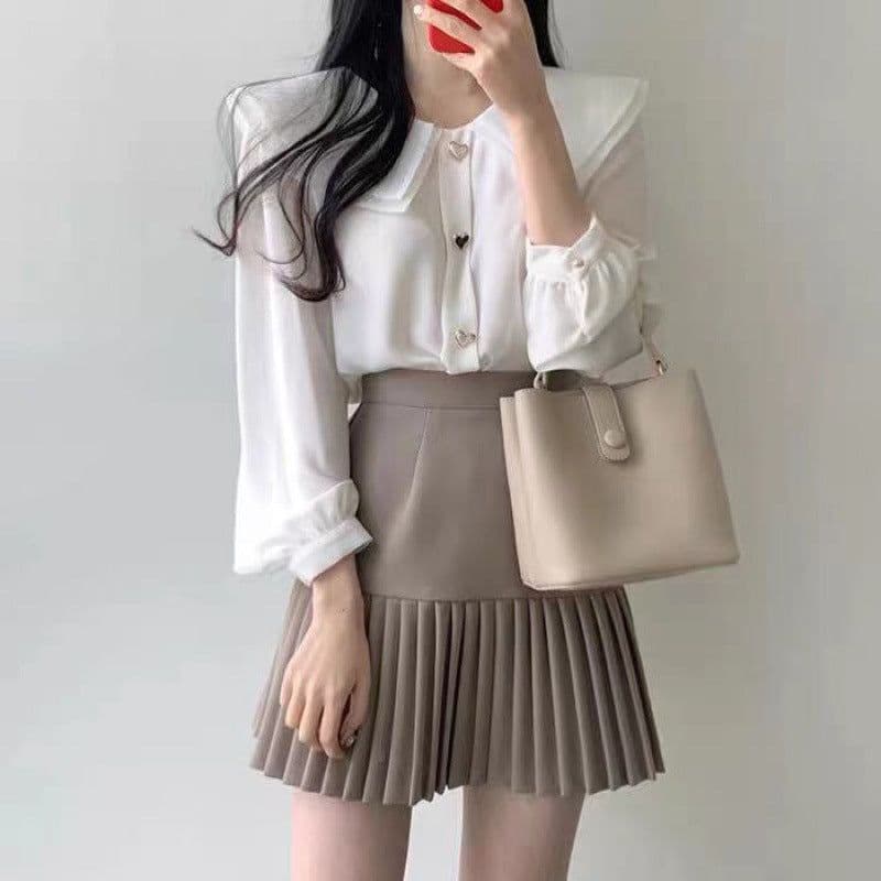 image-Chiffon shirt suit female spring and autumn temperament two-piece design double-layer doll collar top half-length pleated skirt