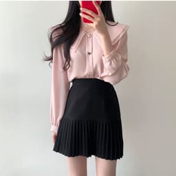 image-Chiffon shirt suit female spring and autumn temperament two-piece design double-layer doll collar top half-length pleated skirt