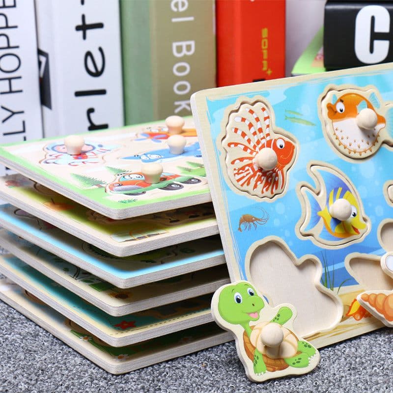 image-Wholesale children's educational early education interest training hand animal puzzles baby early education wooden alphabet toys