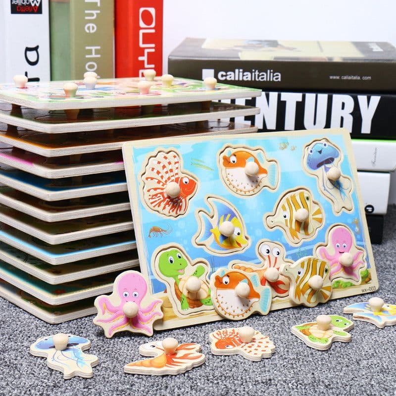 image-Wholesale children's educational early education interest training hand animal puzzles baby early education wooden alphabet toys