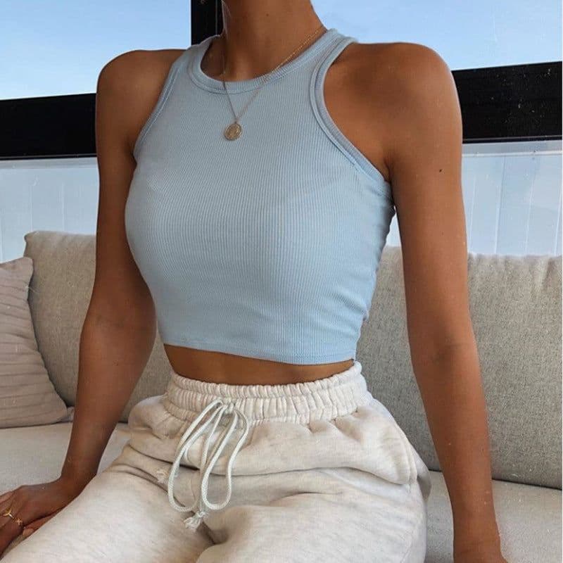 image-2022 cross-border new Amazon AliExpress European and American women's clothing spring and summer short solid color threaded sleeveless T-shirt vest