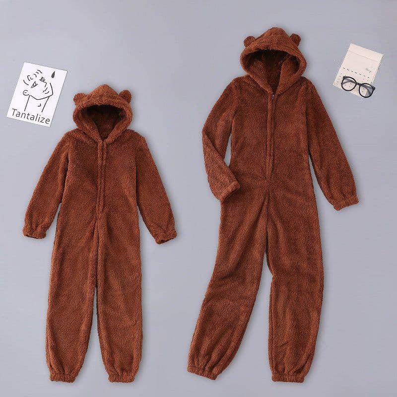 image-Autumn and winter women's cross-border foreign trade plus plush thick plush jumpsuit hooded pajamas parent-child wear