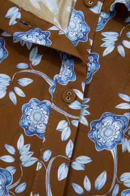 image-Brown Floral Print Ruffled Detail Shirt Collar Button Down Long Sleeve Dress