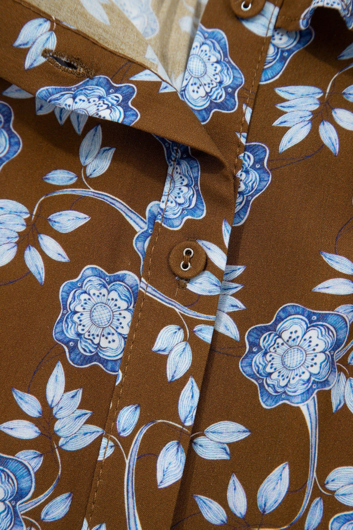 image-Brown Floral Print Ruffled Detail Shirt Collar Button Down Long Sleeve Dress