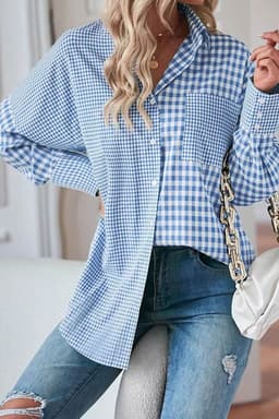 image-Sky Blue Striped Plaid Button-Up Long Sleeve Shirt - Casual Chic Design