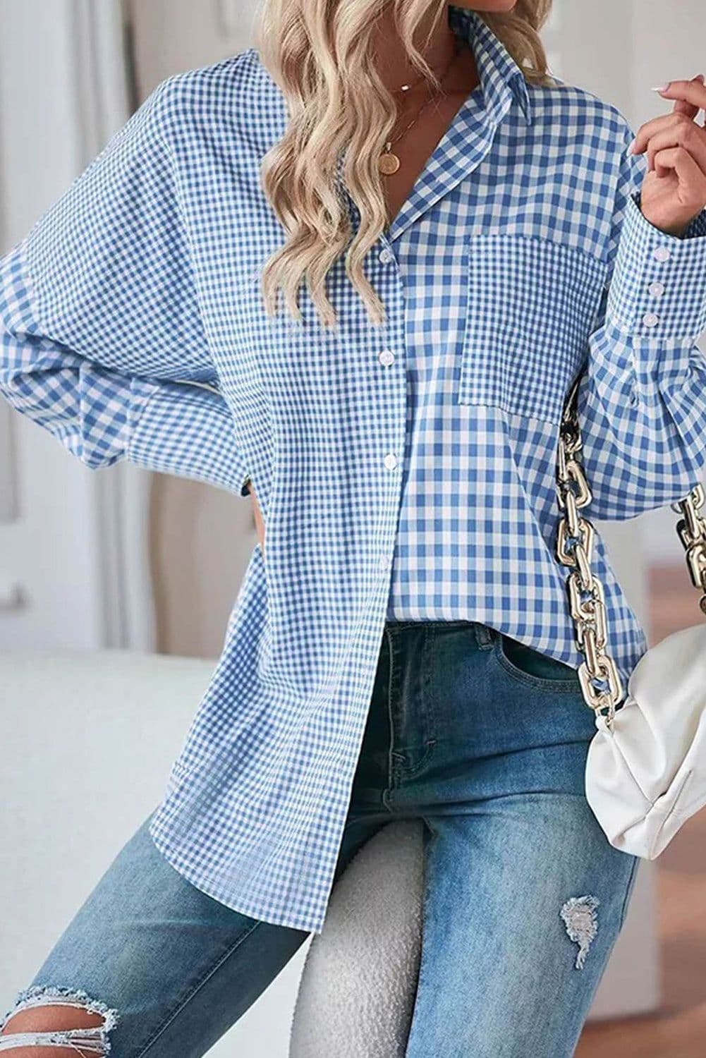 image-Sky Blue Striped Plaid Button-Up Long Sleeve Shirt - Casual Chic Design