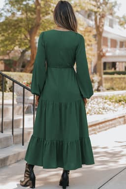 image-Burgundy Solid Long Sleeve Button V Neck Tiered Maxi Dress