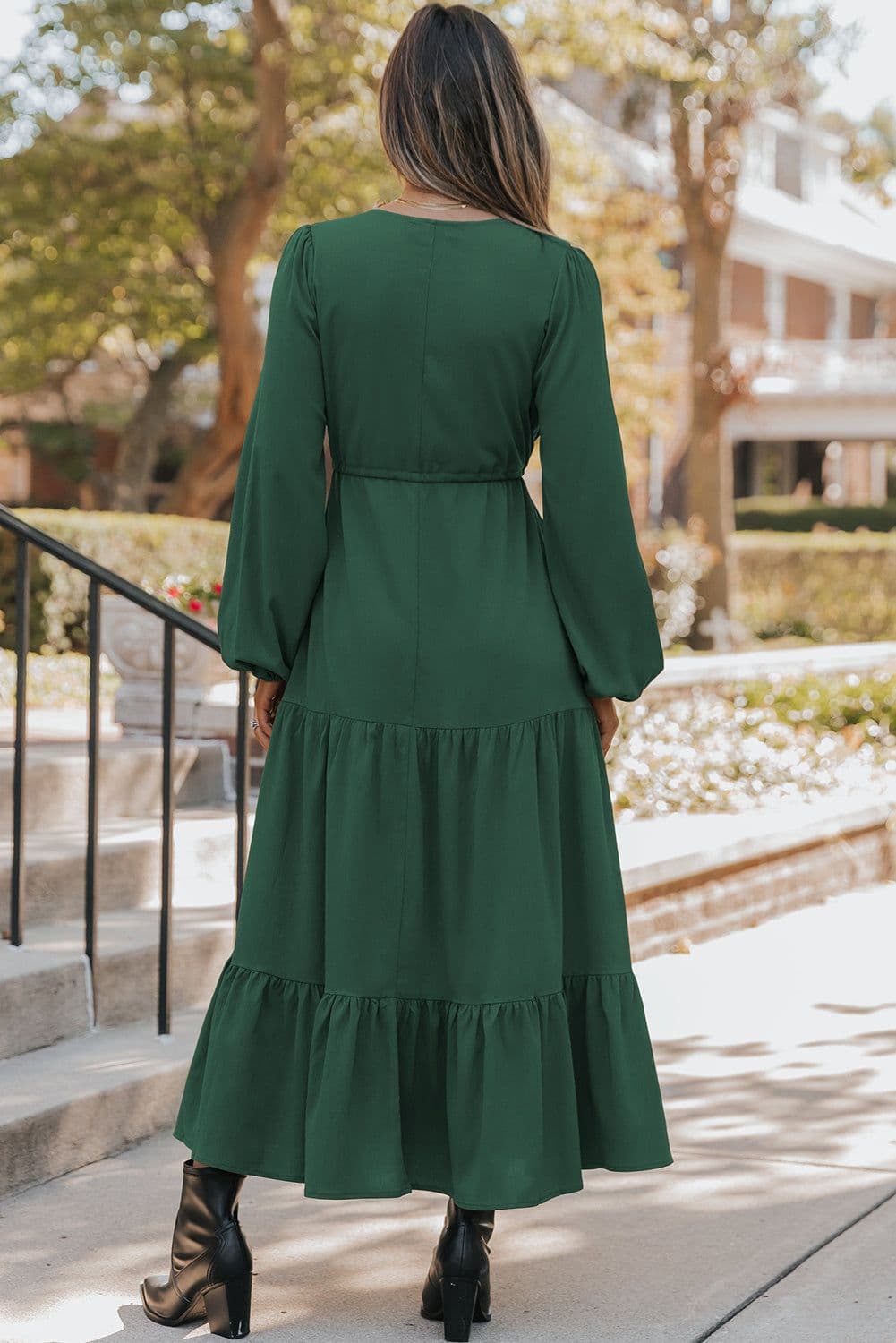 image-Burgundy Solid Long Sleeve Button V Neck Tiered Maxi Dress