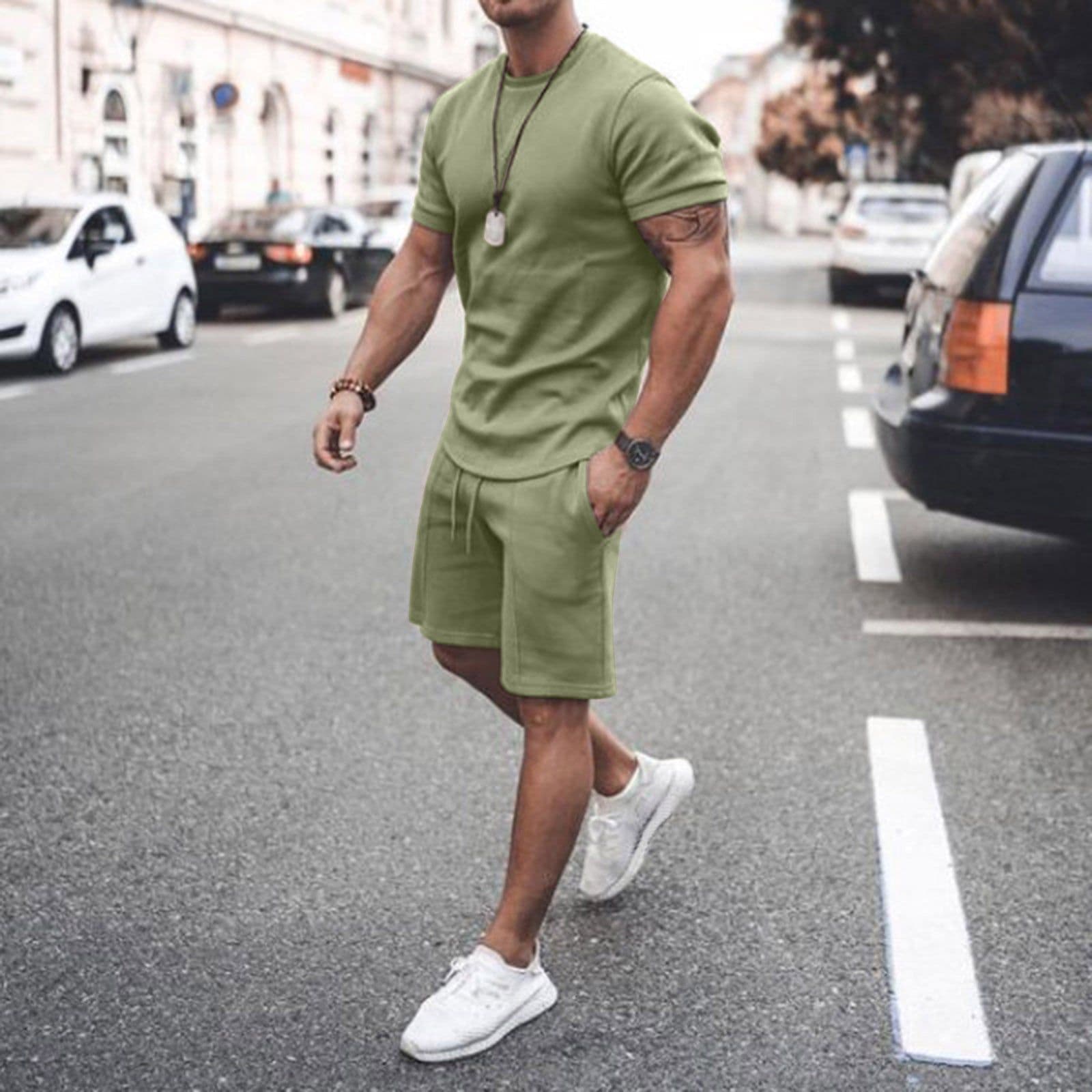 image-2021 new Amazon ebay hot style men's summer short-sleeved shorts suit sports casual suit men's