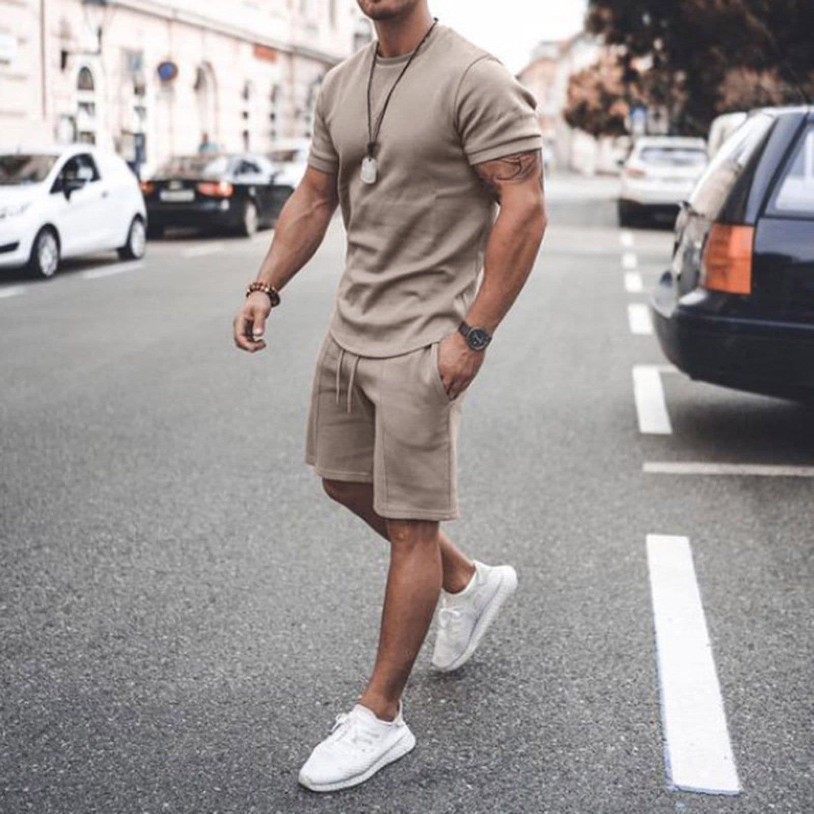 image-2021 new Amazon ebay hot style men's summer short-sleeved shorts suit sports casual suit men's