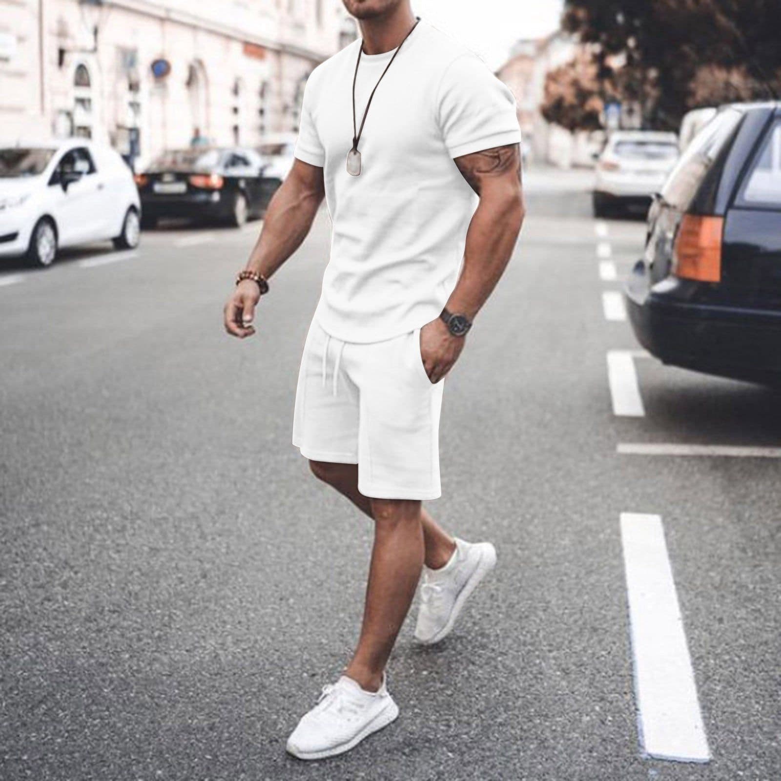 image-2021 new Amazon ebay hot style men's summer short-sleeved shorts suit sports casual suit men's