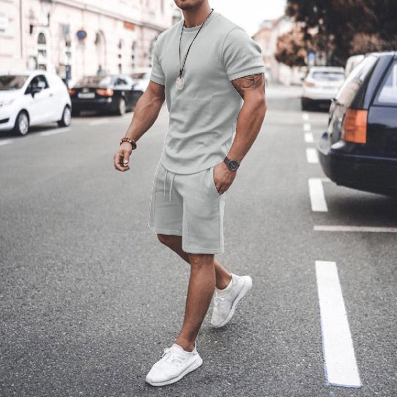 image-2021 new Amazon ebay hot style men's summer short-sleeved shorts suit sports casual suit men's