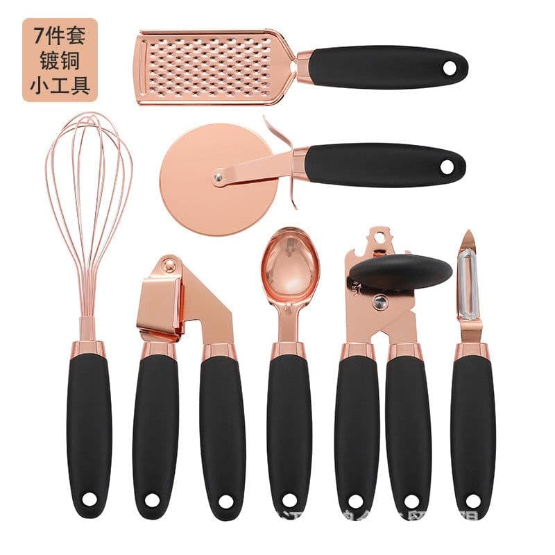 image-Manufacturers stainless steel can opener ice cream spoon pizza slicer planing peeler copper plated 7-piece set of copper plated gadgets