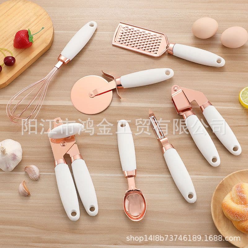 image-Manufacturers stainless steel can opener ice cream spoon pizza slicer planing peeler copper plated 7-piece set of copper plated gadgets