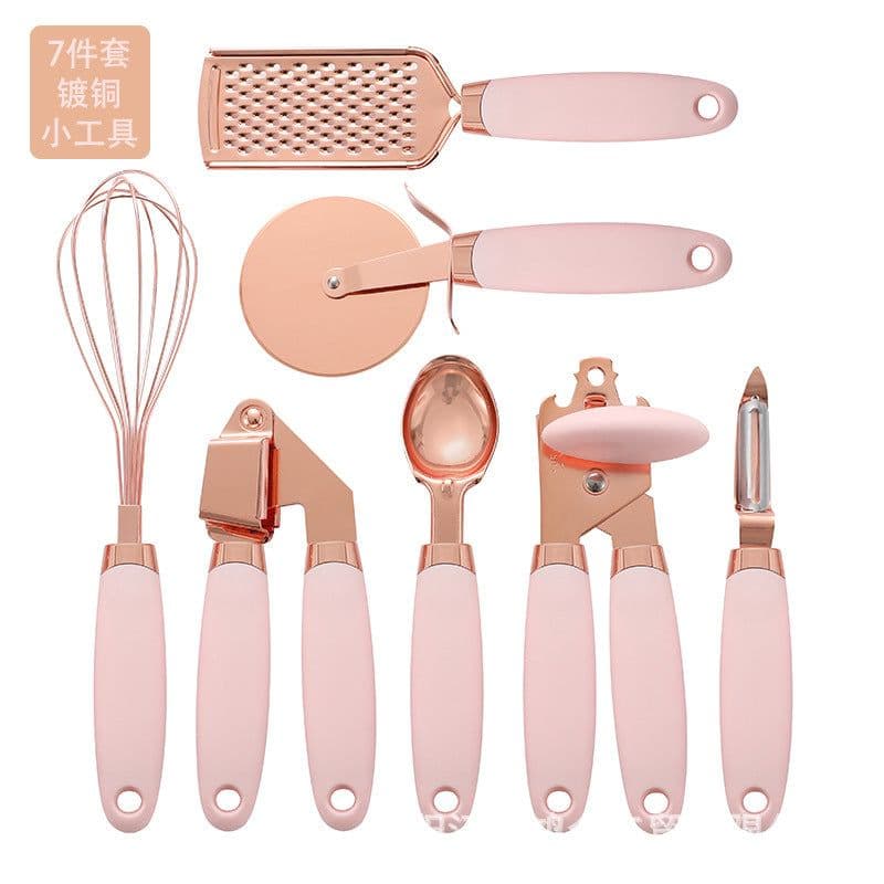 image-Manufacturers stainless steel can opener ice cream spoon pizza slicer planing peeler copper plated 7-piece set of copper plated gadgets