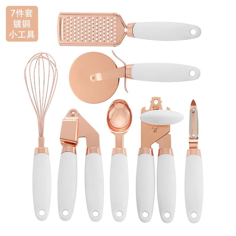 image-Manufacturers stainless steel can opener ice cream spoon pizza slicer planing peeler copper plated 7-piece set of copper plated gadgets
