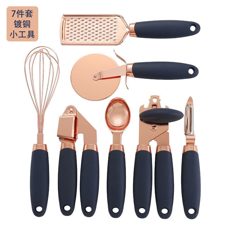 image-Manufacturers stainless steel can opener ice cream spoon pizza slicer planing peeler copper plated 7-piece set of copper plated gadgets
