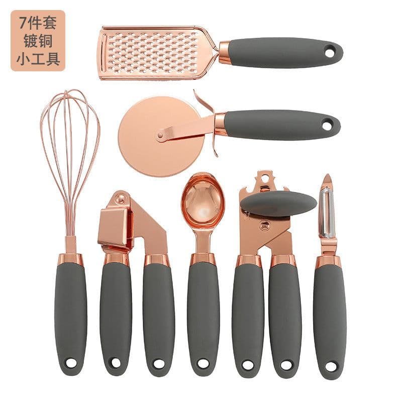 image-Manufacturers stainless steel can opener ice cream spoon pizza slicer planing peeler copper plated 7-piece set of copper plated gadgets