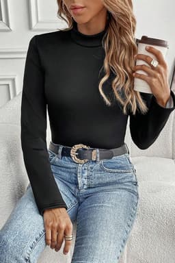 image-Mock Neck Thermal Long Sleeve Tee - Black, Sizes S-XL