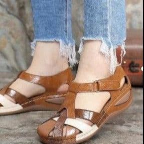 image-Amazon foreign trade women's shoes summer new style Europe and America retro round head wedge with cross strap women's sandals large size women's shoes
