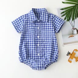 image-0-3 years old plaid one-piece romper newborn romper summer baby cotton short-sleeved shirt bag fart clothes baby and children's clothing