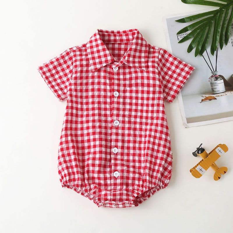 image-0-3 years old plaid one-piece romper newborn romper summer baby cotton short-sleeved shirt bag fart clothes baby and children's clothing