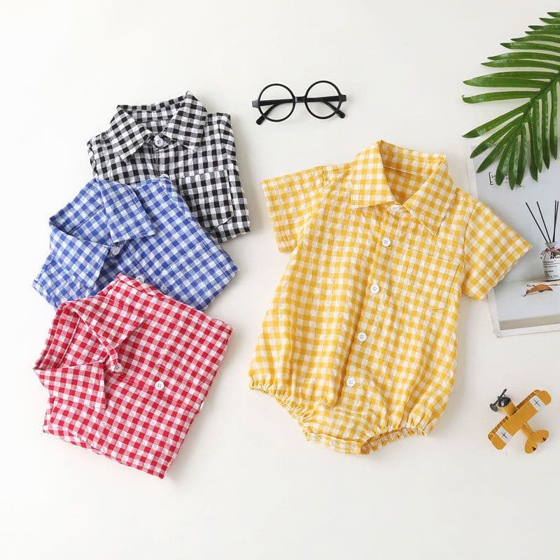 image-0-3 years old plaid one-piece romper newborn romper summer baby cotton short-sleeved shirt bag fart clothes baby and children's clothing