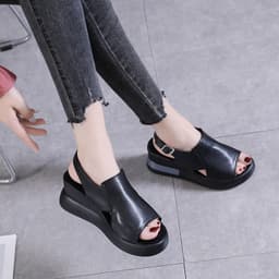 image-Thick-soled wedge sandals women's 2021 new summer high-heeled fish mouth women's shoes soft leather increased platform shoes