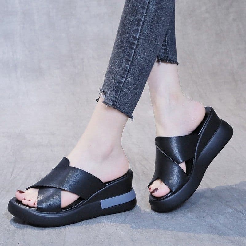 image-Thick-soled wedge sandals women's 2021 new summer high-heeled fish mouth women's shoes soft leather increased platform shoes