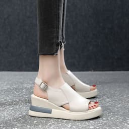 image-Thick-soled wedge sandals women's 2021 new summer high-heeled fish mouth women's shoes soft leather increased platform shoes