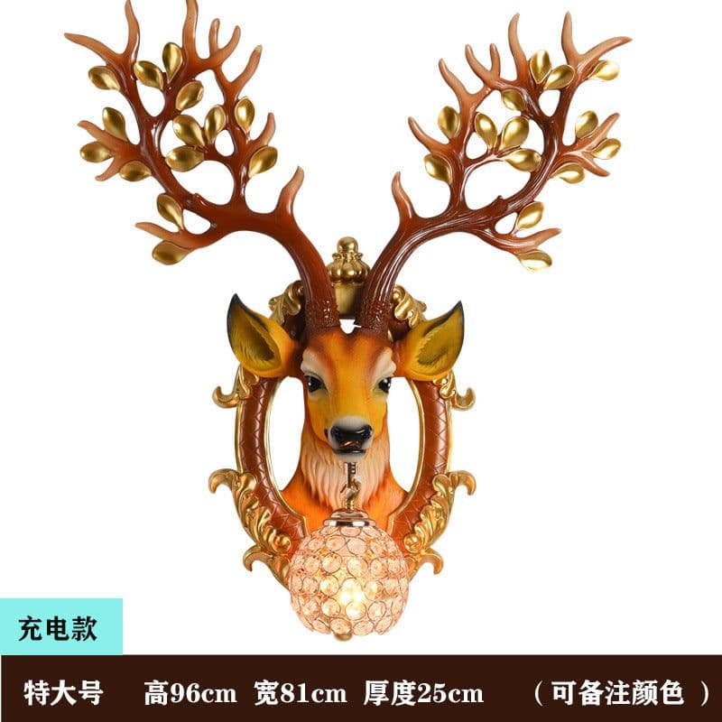 image-Retro wall lamp European light luxury deer head creative living room wall hanging lamp Nordic style bedroom aisle corridor crystal lamp