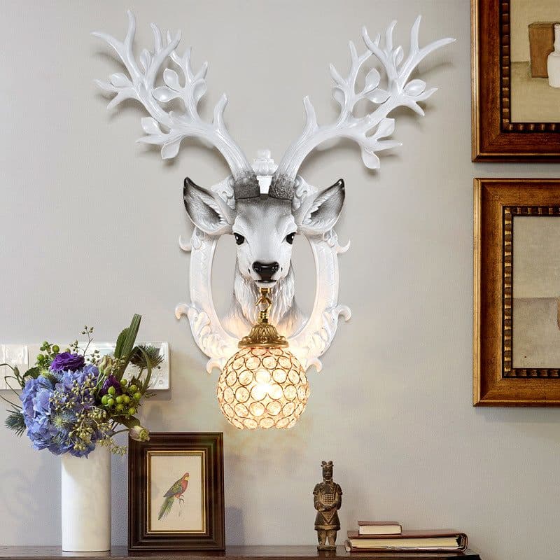 image-Retro wall lamp European light luxury deer head creative living room wall hanging lamp Nordic style bedroom aisle corridor crystal lamp