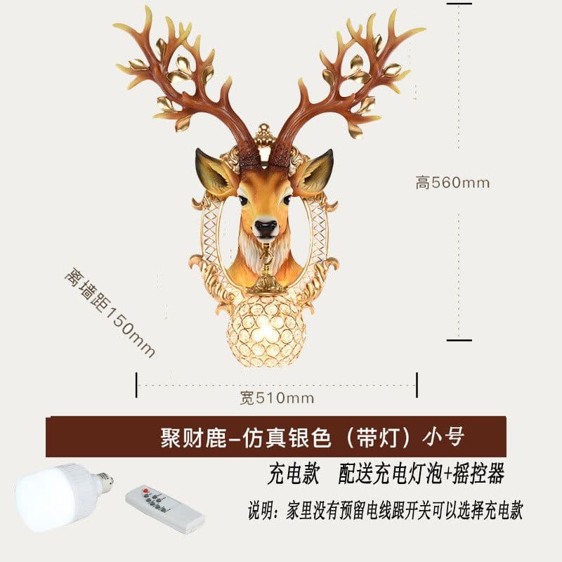 image-Retro wall lamp European light luxury deer head creative living room wall hanging lamp Nordic style bedroom aisle corridor crystal lamp