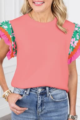 image-Contrast Ricrac Floral Sleeve Top - White (57 characters)