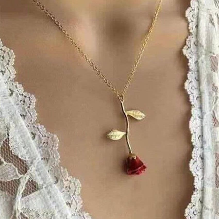 image-European and American new jewelry creative drop red rose pendant necklace for girlfriend Valentine's Day gift
