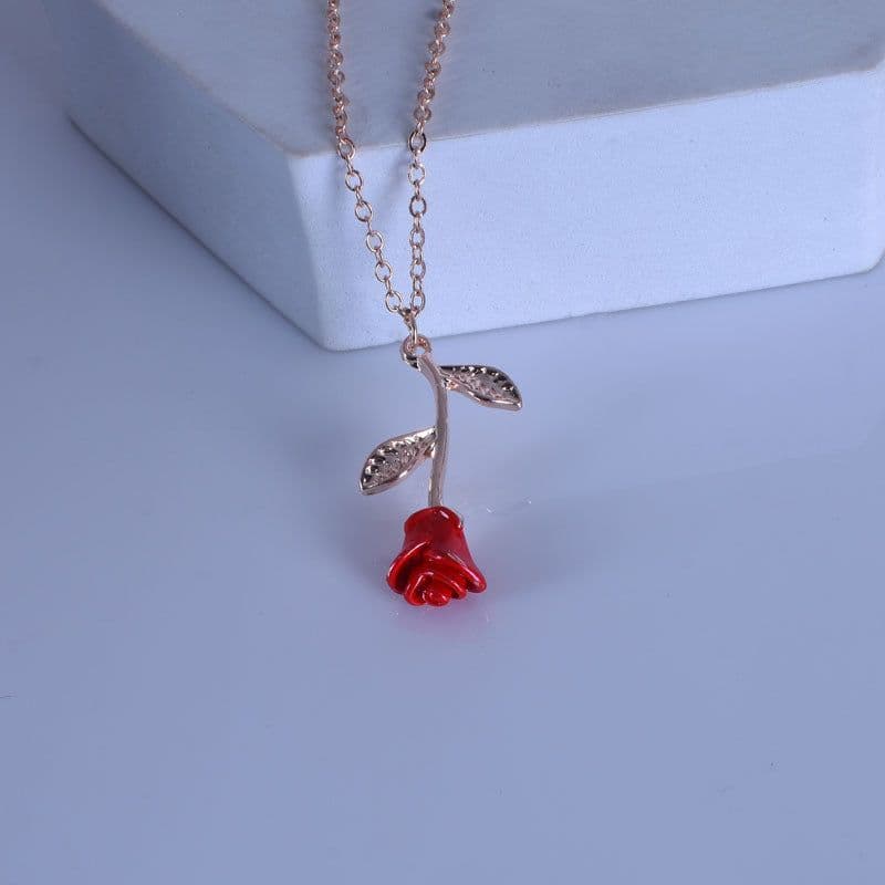 image-European and American new jewelry creative drop red rose pendant necklace for girlfriend Valentine's Day gift