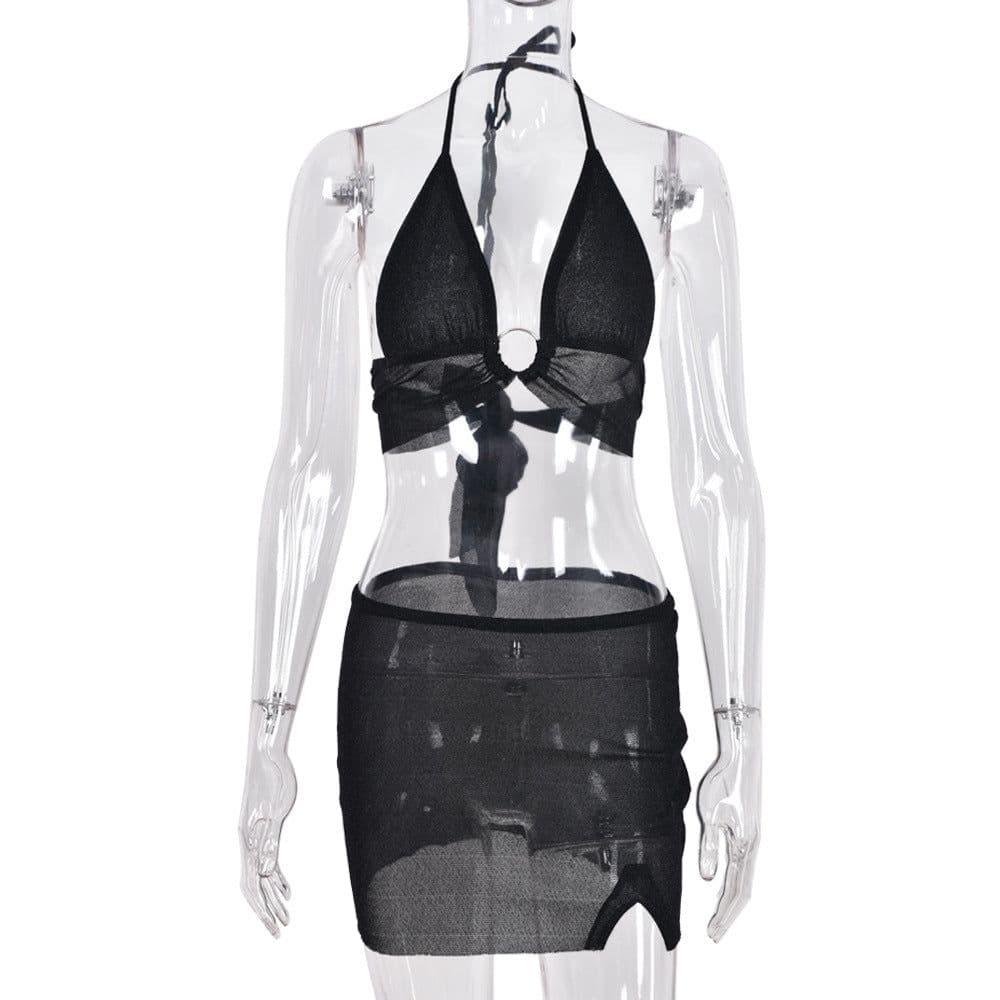 image-Free Express Summer 2021 new product AliExpress hot style sexy backless umbilical lace see-through bright silk ladies suit