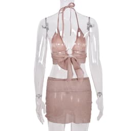 image-Free Express Summer 2021 new product AliExpress hot style sexy backless umbilical lace see-through bright silk ladies suit