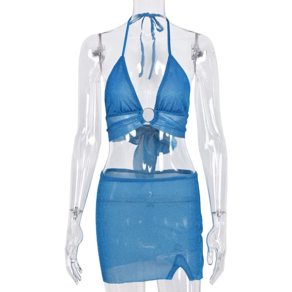 image-Free Express Summer 2021 new product AliExpress hot style sexy backless umbilical lace see-through bright silk ladies suit