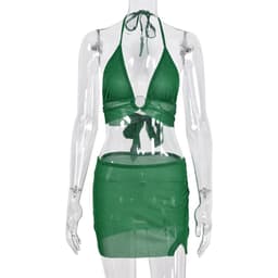 image-Free Express Summer 2021 new product AliExpress hot style sexy backless umbilical lace see-through bright silk ladies suit