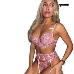 image-INS embroidery fun three-piece suit AliExpress hot pink flower garter belt three-piece underwear wholesale