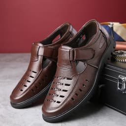 image-Cross-border summer leather sandals Velcro hollow hole shoes middle-aged and elderly dad shoes men's large size sandals men's wholesale