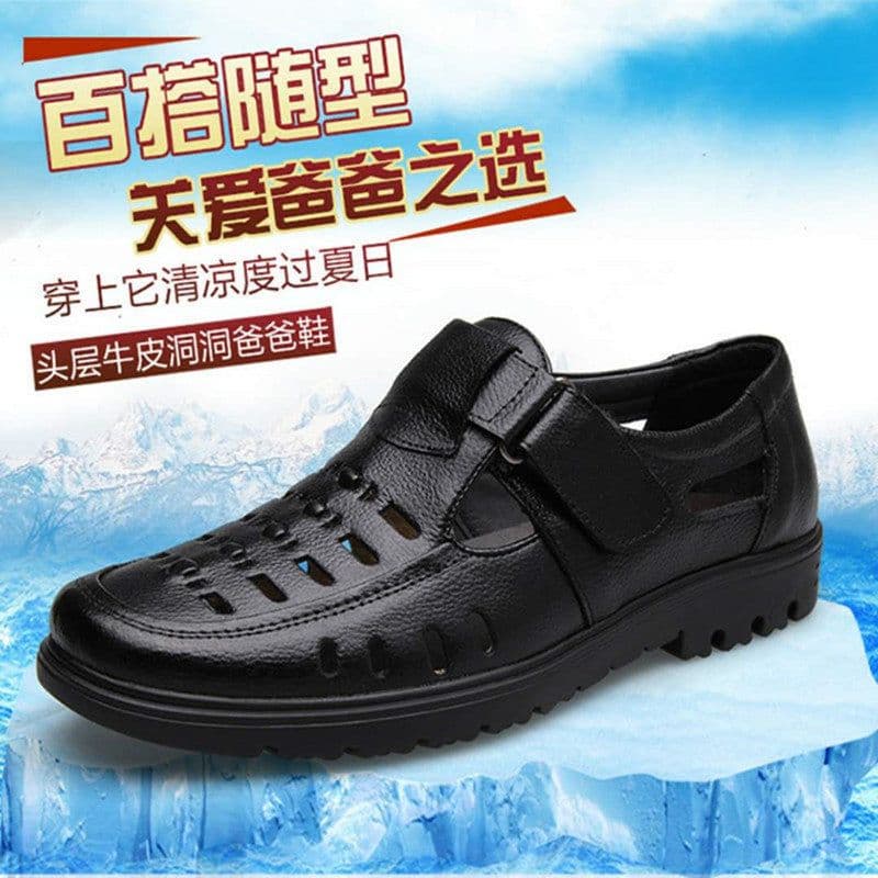 image-Cross-border summer leather sandals Velcro hollow hole shoes middle-aged and elderly dad shoes men's large size sandals men's wholesale