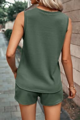 image-Mist Green Waffle Knit Tank & Shorts Set with Patched Pockets & Drawstring
