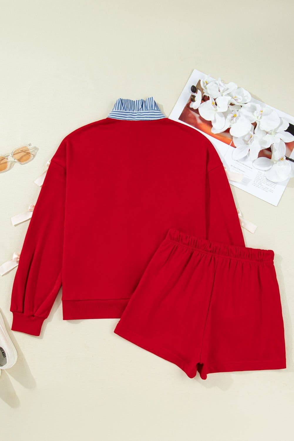 image-Racing Red Striped Collar Patchwork Satin Bow Sweatshirt and Shorts Set