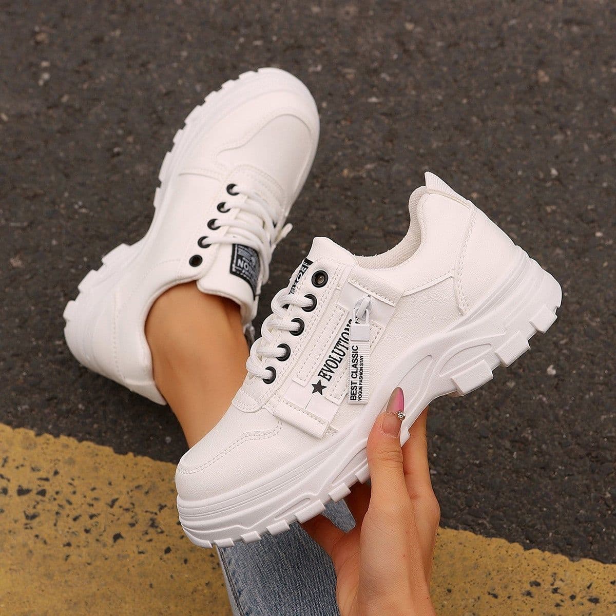 image-Lace-up Sports Shoes With Side-Zipper Design Fashion Thick-soled Round-toe Casual Shoes For Women Sneakers