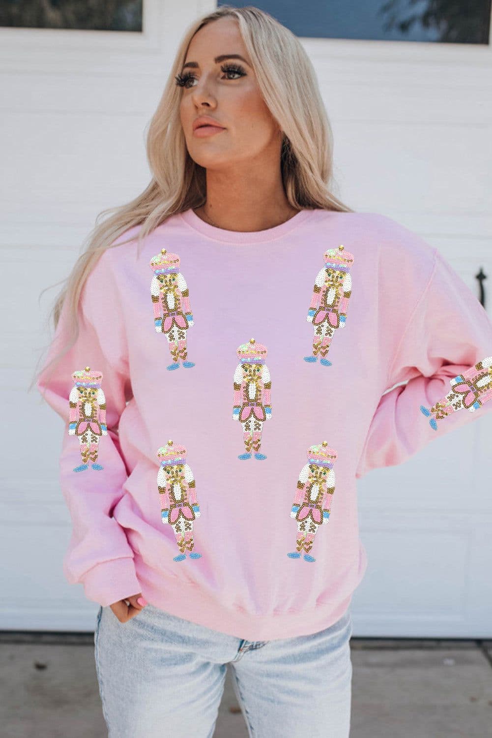 image-Pink Sequin Nutcracker Christmas Pullover Sweatshirt