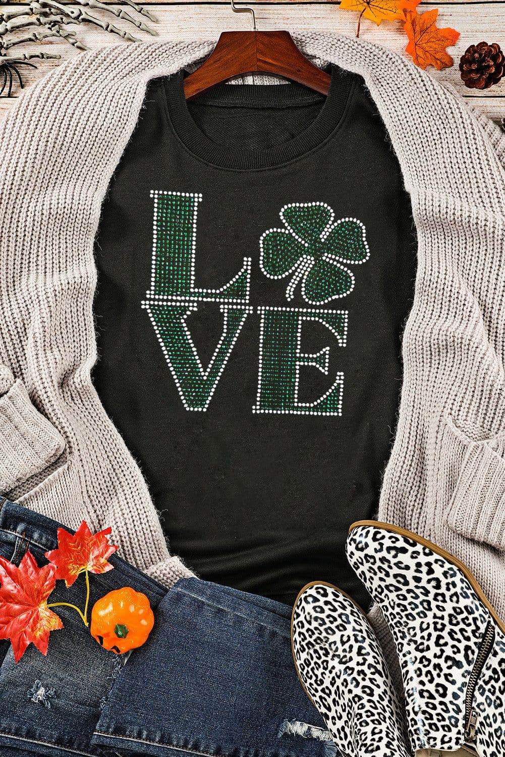 image-Black Rhinestone St. Patrick's Clover Pullover Sweatshirt - Holiday Wear